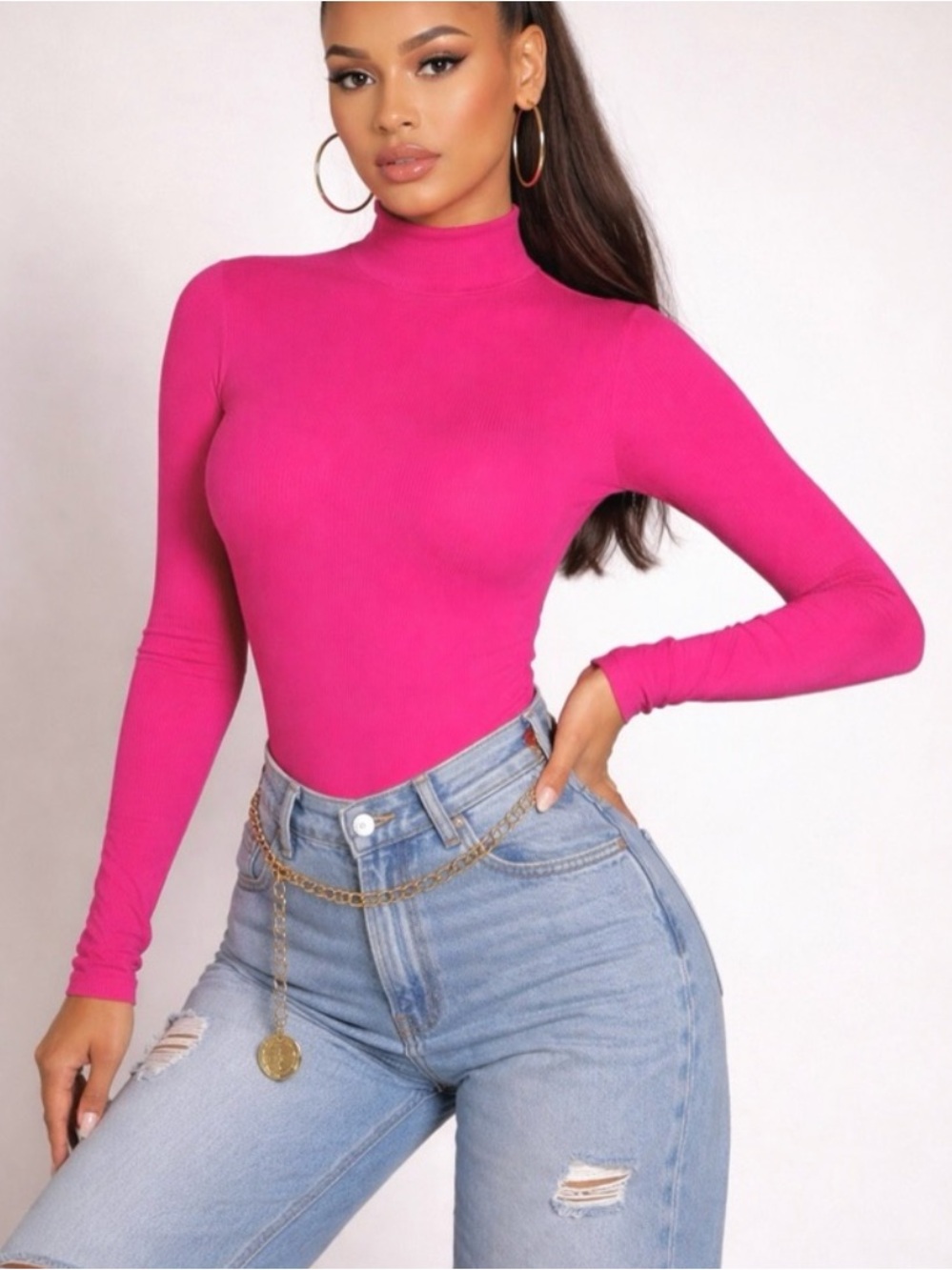 NWT naked wardrobe Hot Pink Long-Sleeve Mock Neck Bodysuit